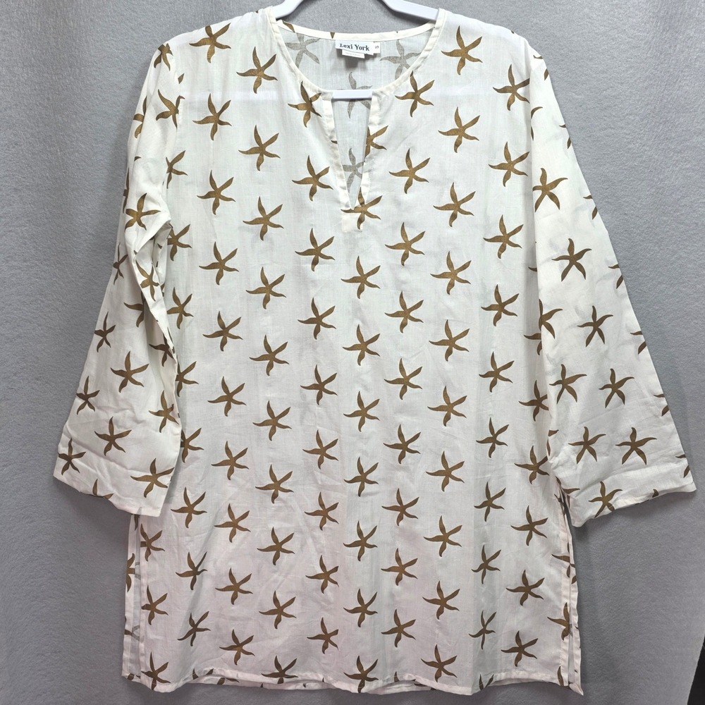 Lexi York Tunic Top Womens S Starfish White Gold Vneck Beach Coastal Coverup